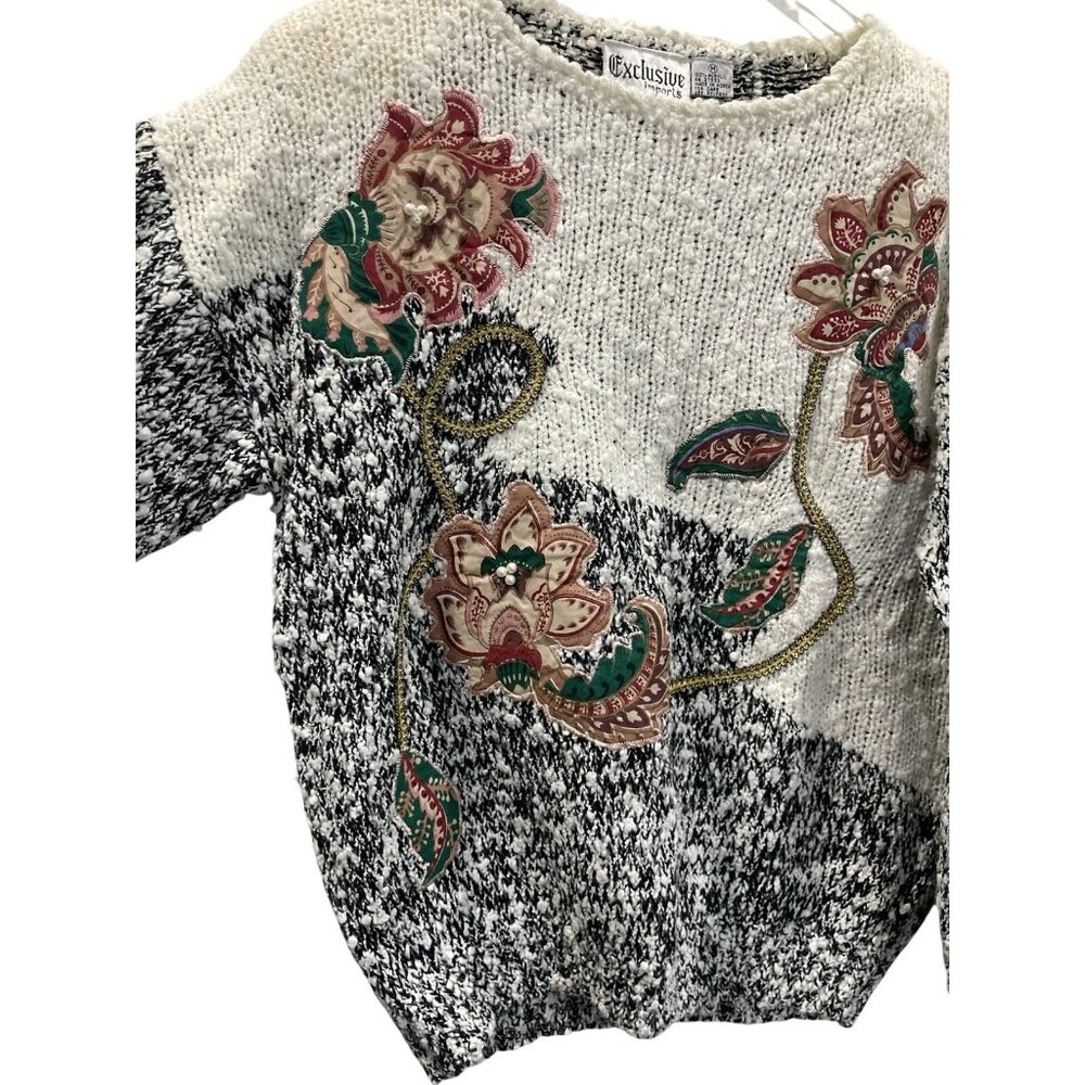 Vintage 80s Granny Sweater size M White Pink Floral Cottagecore Grandma Retro 3D - Picture 14 of 14